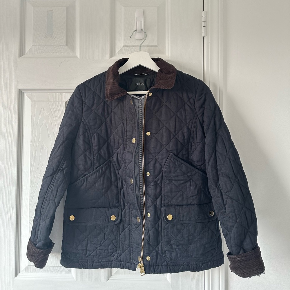 J. Crew Navy Quilted Jacket with Brown Collar
